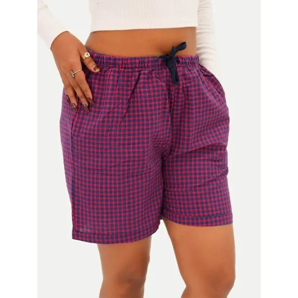 GR-Women's Red Cotton Woven Relaxed Fit Checkered Boxer Shorts with Side Pocket [Low Budget Product]