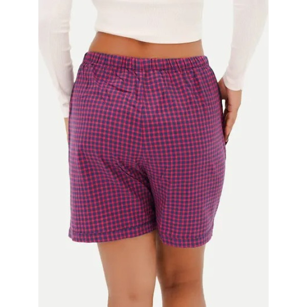 GR-Women's Red Cotton Woven Relaxed Fit Checkered Boxer Shorts with Side Pocket [Low Budget Product]