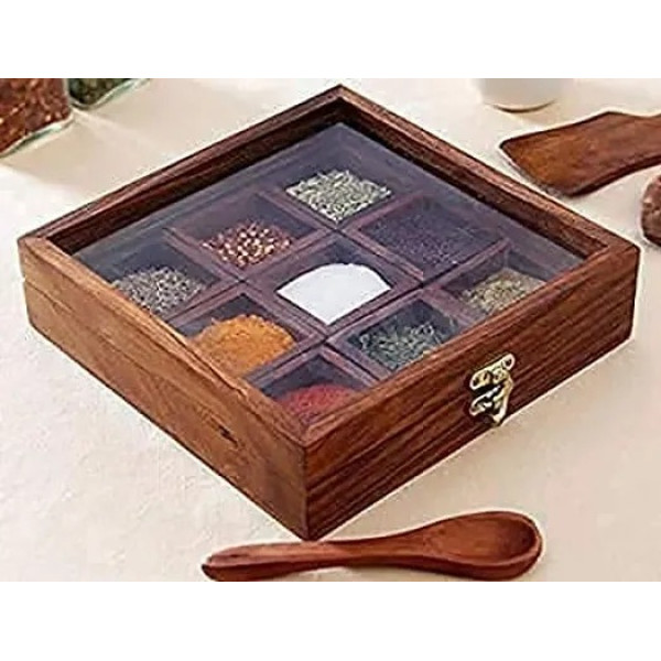 GR-Zoya Handicraft Shesham Wood Spice Box - 9-Sect...