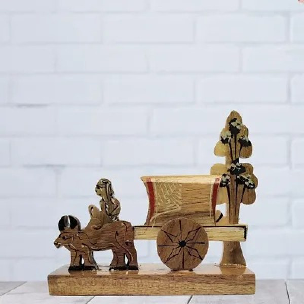 GR-Wooden Bullock Cart Scenary Showpiece Figurine Item For Home Office Decoration [Low Budget Product]