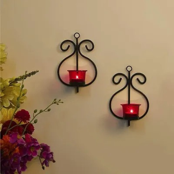 GR-Stylish Red Glass Iron Tealight Candle Holder w...