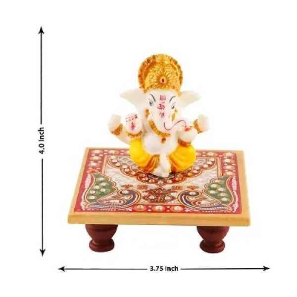 GR-Lord Ganesha Marble Idol Beautiful Chowki, Hindu Figurine Show Peace Murti Idol Statue For Office Or Home [Low Budget Product]