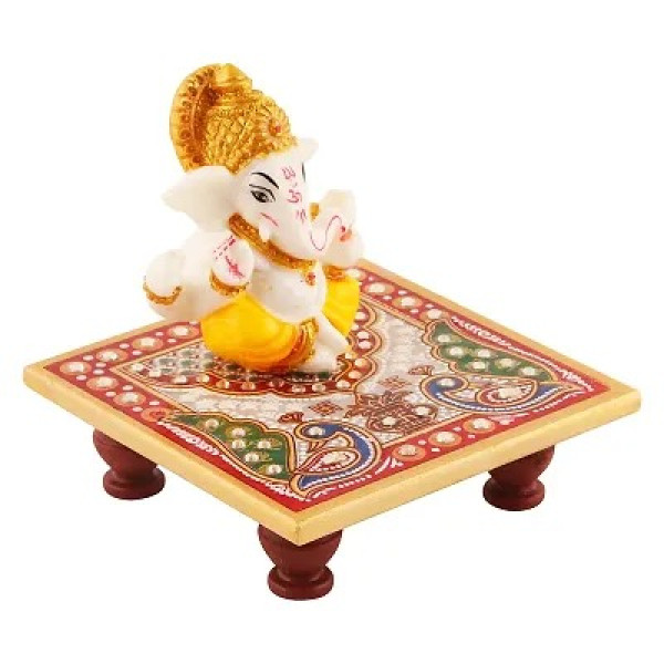 GR-Lord Ganesha Marble Idol Beautiful Chowki, Hindu Figurine Show Peace Murti Idol Statue For Office Or Home [Low Budget Product]