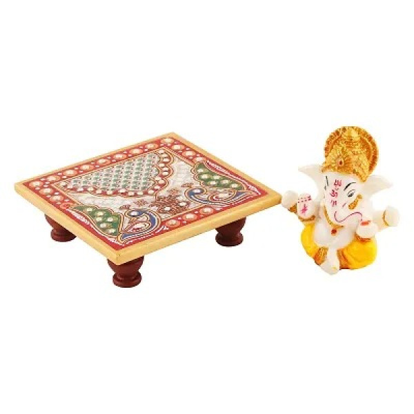 GR-Lord Ganesha Marble Idol Beautiful Chowki, Hindu Figurine Show Peace Murti Idol Statue For Office Or Home [Low Budget Product]