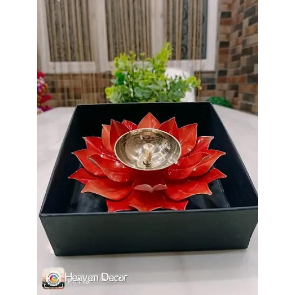 GR-Iron And Brass Kamal Ptta Orange Akhand Diya With Fancy Gift Box - 6 Inches [Low Budget Product]