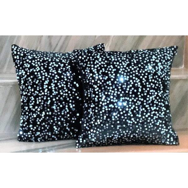 GR-Decorative Designer Heavy Sequence Beaded Satin Throw Pillow Cushion Cover - Copper/Black (Blue/Black) [Low Budget Product]