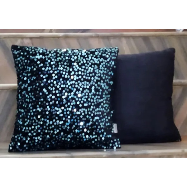 GR-Decorative Designer Heavy Sequence Beaded Satin Throw Pillow Cushion Cover - Copper/Black (Blue/Black) [Low Budget Product]