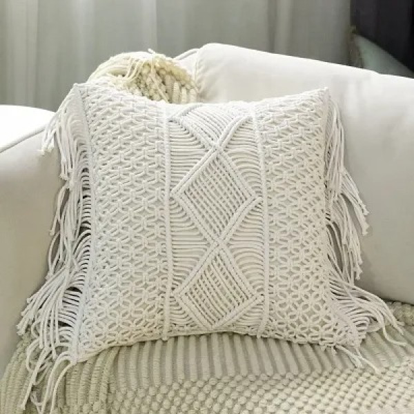 GR-Handmade Macrame Cushion Cover 16 x 16 Inches - Off-White [Low Budget Product]