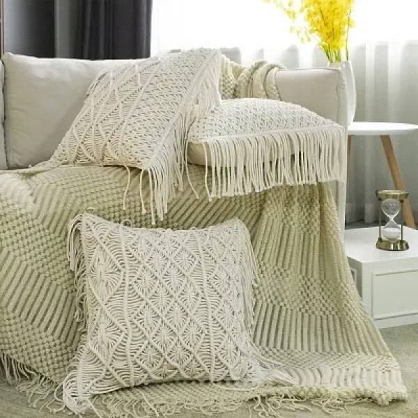 GR-Handmade Macrame Cushion Cover 16 x 16 Inches - Off-White [Low Budget Product]