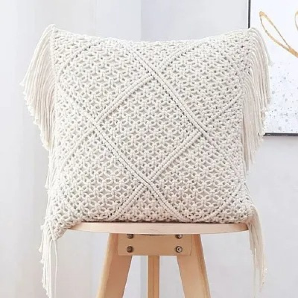 GR-Handmade Macrame Cushion Cover 16 x 16 Inches - Off-White [Low Budget Product]