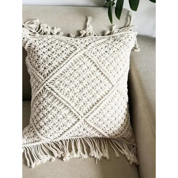 GR-Handmade Macrame Cushion Cover 16 x 16 Inches - Off-White [Low Budget Product]