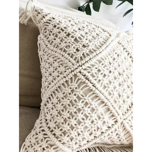 GR-Handmade Macrame Cushion Cover 16 x 16 Inches - Off-White [Low Budget Product]