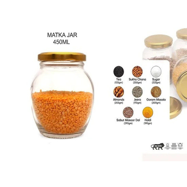 GR-Matka Glass Jar Container for Kitchen Storage with Air Tight Lid, Golden, 400ml (Set of 4) [Low Budget Product]