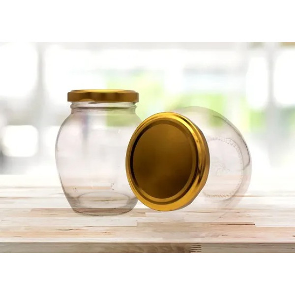 GR-Matka Glass Jar Container for Kitchen Storage with Air Tight Lid, Golden, 400ml (Set of 4) [Low Budget Product]