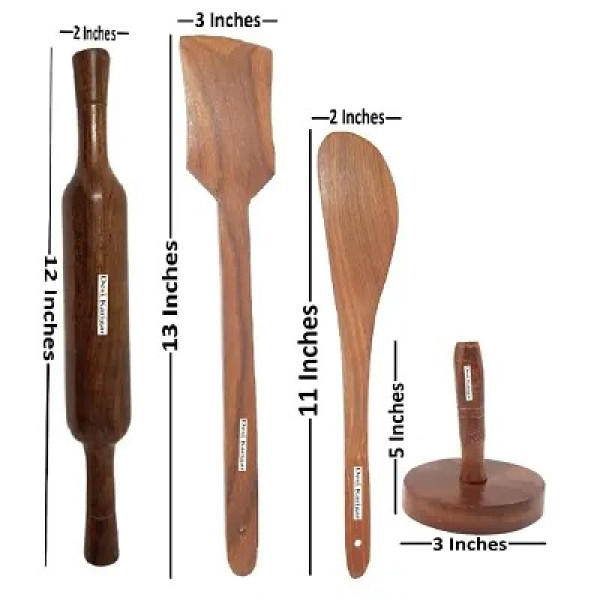 GR-Wooden Spoon Set 1 Frying, 1 Serving, 1 Masher, 1 Chapati Roller, 1 Grinder ( Brown ) [Low Budget Product]