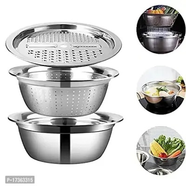 GR-3 In 1 Stainless Steel Basin Grater Colander Wi...