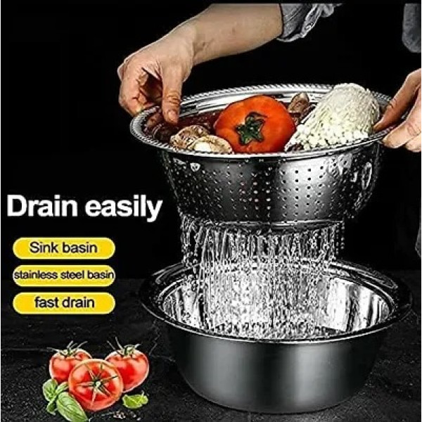 GR-3 In 1 Stainless Steel Basin Grater Colander With Lids Kitchen Salad Mixing Bowls With Strainers Cheese cutter [Low Budget Product]