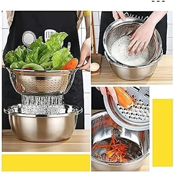 GR-3 In 1 Stainless Steel Basin Grater Colander With Lids Kitchen Salad Mixing Bowls With Strainers Cheese cutter [Low Budget Product]