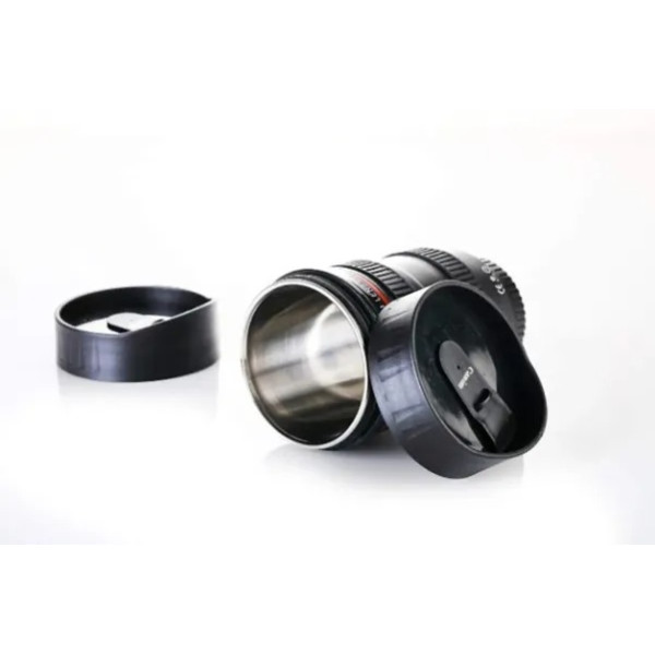 GR-Stainless Steel Camera Lens Coffee Mug with 2 Lids - Black [Low Budget Product]