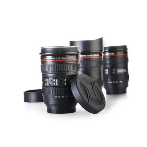 GR-Stainless Steel Camera Lens Coffee Mug with 2 Lids - Black [Low Budget Product]
