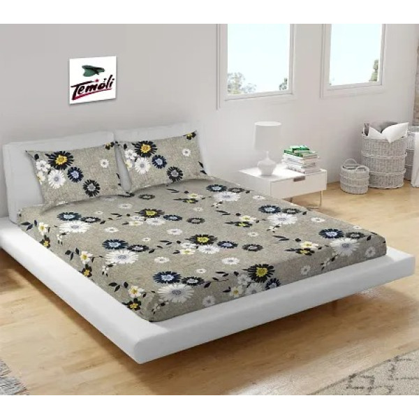 GR-Multicolor Flower Printed Glace Cotton Elastic Fitted Double Bedsheet With 2 Pillow Covers [Low Budget Product]