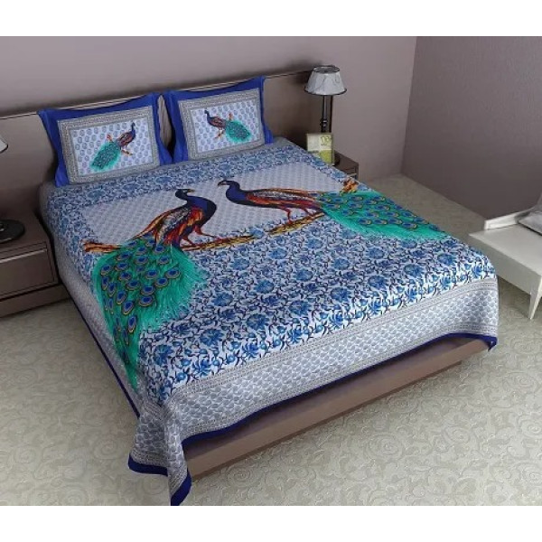 GR-JR Print Oxy Peacock Print King Size Bedsheet 100% Cotton Blue [Low Budget Product]