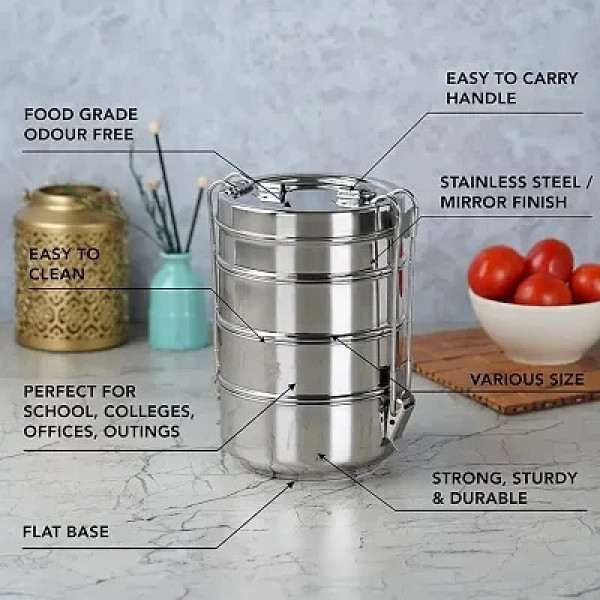 GR-Stainless Steel 3-Container Tiffin - Buy 1 Get 1 Free (Pack of 2 Lunch Boxes) [Low Budget Product]