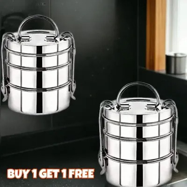 GR-Stainless Steel 3-Container Tiffin - Buy 1 Get 1 Free (Pack of 2 Lunch Boxes) [Low Budget Product]