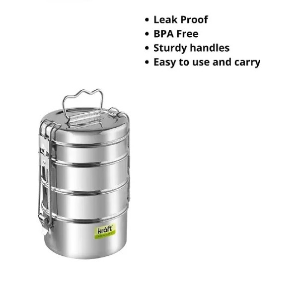 GR-Stainless Steel Traditional Indian Tiffin Carrier - 4-Container Lunch Box [Low Budget Product]