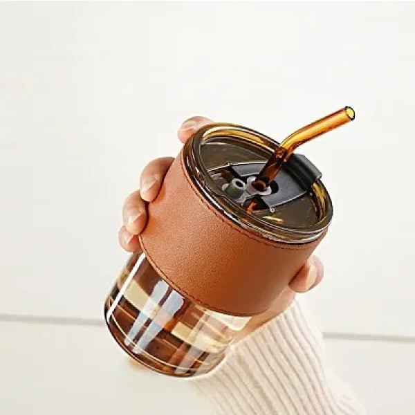 GR-Stylish Leather Grip Coffee Mug with Straw [Low...