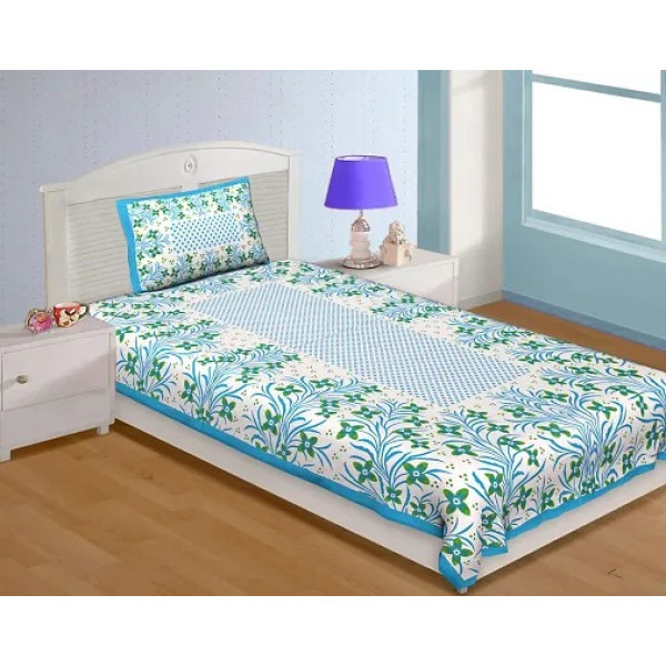 GR-Jaipuri Cotton Single Bedsheet Set with Firozi ...