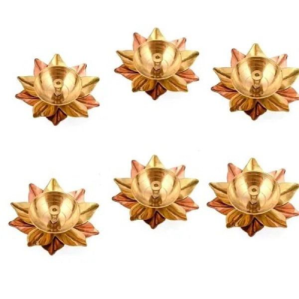 GR-Brass Gallery Brass and Copper Lotus Shape Akhand Diya Kamal Patti Diya Brass Table Diya Set of 6 pcs [Premium Product]