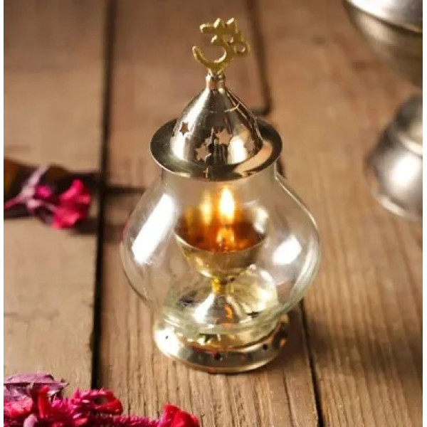 GR-Haridwar Divine Brass Diya Lamp with Glass Cover [Low Budget Product]