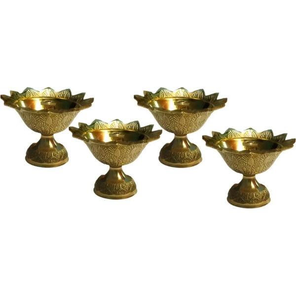 GR-Small Brass Diwali Kuber Devdas Engraved Deepak Diya Oil Lamp (Pack of 4) [Low Budget Product]