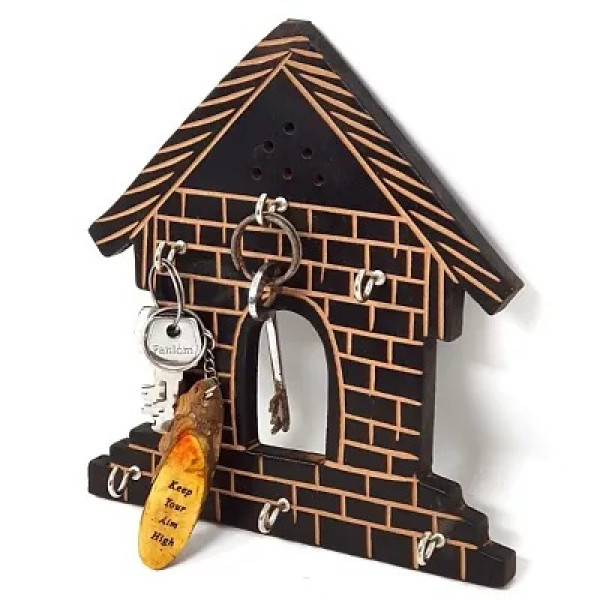 GR-Wooden Hut Shape Wall Decor Key Holder (Black, 7 X 8 Inch) [Low Budget Product]