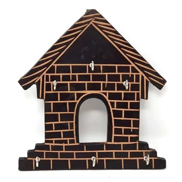 GR-Wooden Hut Shape Wall Decor Key Holder (Black, 7 X 8 Inch) [Low Budget Product]