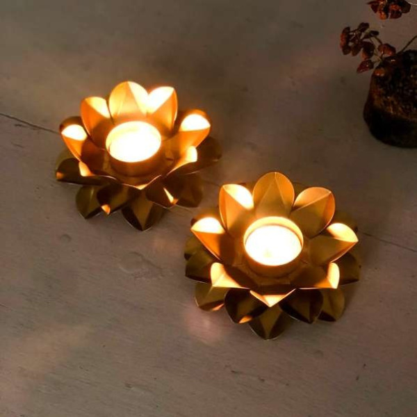 GR-Metal Lotus Shape Candle Stand - Iron 4-Cup Tealight Holder Set (Gold) [Premium Product]