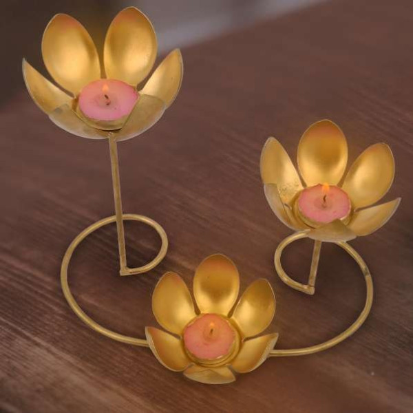 GR-Set of 1, 3 Piece Lotus Shape Candle Holder (Gold) [Premium Product]
