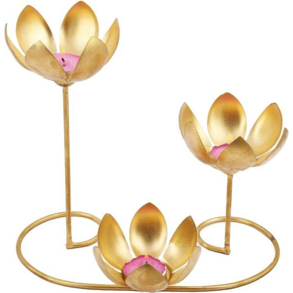 GR-Set of 1, 3 Piece Lotus Shape Candle Holder (Gold) [Premium Product]