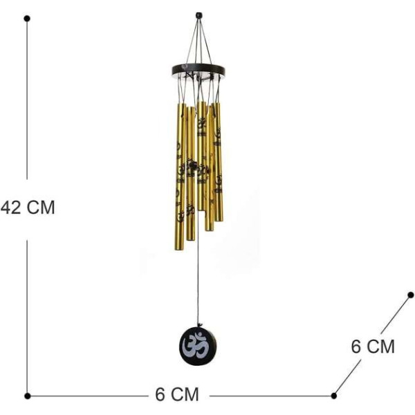GR-Feng Shui Metal Wind Chime with Om Print & 5 Pipes (16 inch, Gold) [Premium Product]