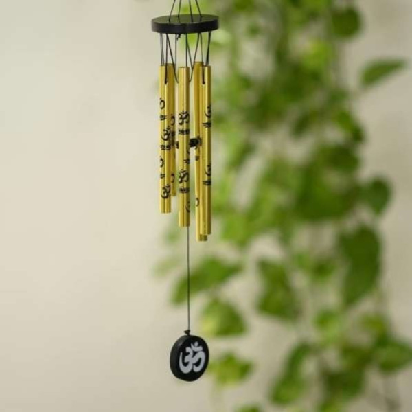 GR-Feng Shui Metal Wind Chime with Om Print & 5 Pipes (16 inch, Gold) [Premium Product]