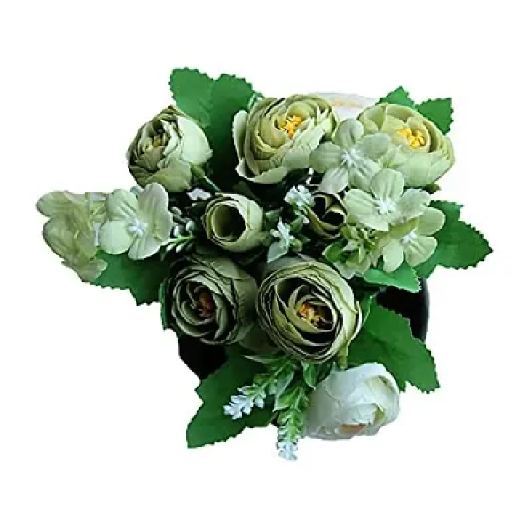 GR-SmileBox Artificial Rose Silk Flowers Bouquet (Green, 8 Roses, 2 Buds, and Small Flowers) [Low Budget Product]