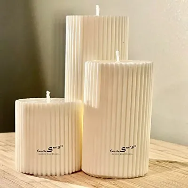 GR-Sapi's Designer Ribbed Scented Pillar Candles for Home Décor - Set of 3 | White | Ideal for Special Occasions and Gifting [Low Budget Product]