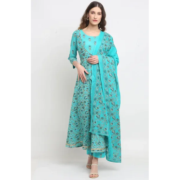 GR-A-Line Blue Cambric Cotton Kurta Pant Dupatta S...