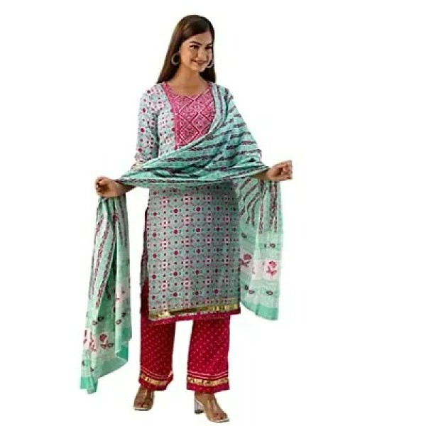 GR-ANNU PARIDHAN Women's Cotton Straight Kurta Pant with Dupatta Set [Premium Product]