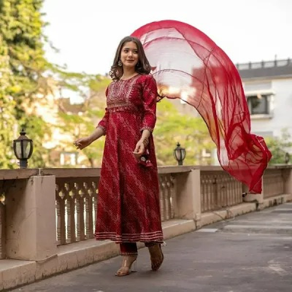 GR-Elegant Rayon Printed Long Kurti with Embroidery Work, Printed Pant, and Dupatta for Women [Premium Product]