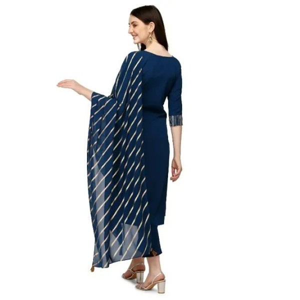 GR-FIORRA Women's Teal Blue Poly Crepe Straight Kurta with Pant and Dupatta [Premium Product]