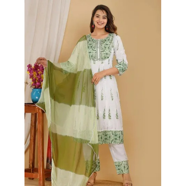 GR-Elegant Green Printed Rayon Kurta Pant Set with...