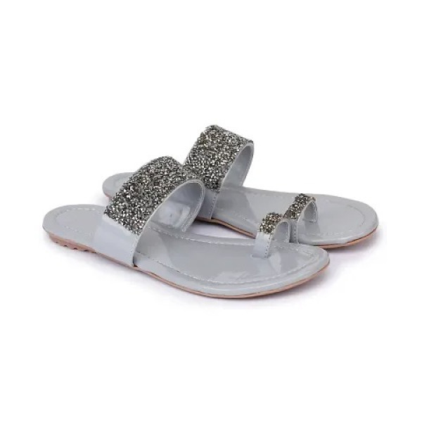 GR-Stylish Grey Synthetic Women's Embellished One Toe Slippers Cushioned footbed sole Footwear