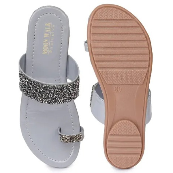 GR-Stylish Grey Synthetic Women's Embellished One Toe Slippers Cushioned footbed sole Footwear